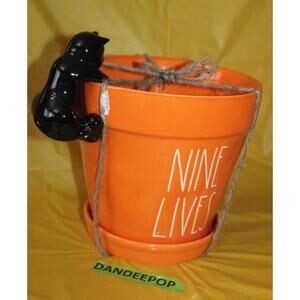 Rae Dunn Nine Lives Large Orange Ceramic Planter Pot With Black Cat Halloween